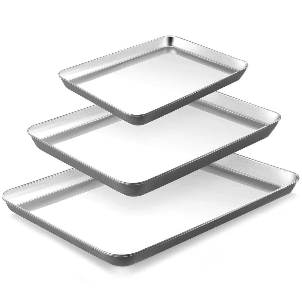 HONGBAKE Stainless Steel Baking Sheet Set of 3, Non Toxic Uncoated Cookie Sheets for Baking, Heavy Duty Baking Sheet Pans for Oven & Toaster, 9/12/16 Inch, Grey