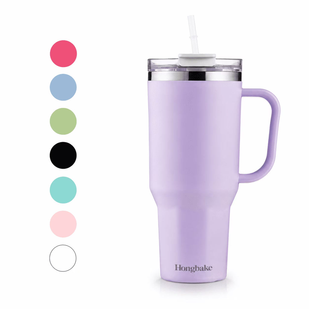 HONGBAKE 40 oz Tumbler with Handle and Straw Lid, Vacuum Insulated Stainless Steel Tumbler, Travel Mug Fits Cup Holder, Dusty Lavender
