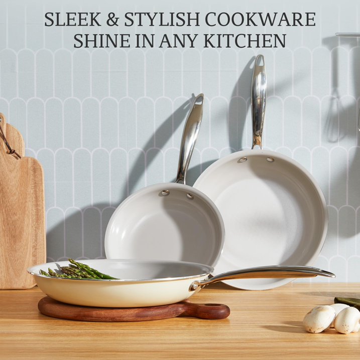 KITEXPERT Non Stick Frying Pans Set, Titanium Ceramic Pan Skillet Set Non Toxic, 8" 9.5" 11" Nonstick Frying Pan, Stainless Steel Handle, Dishwasher & Oven Safe, Cream