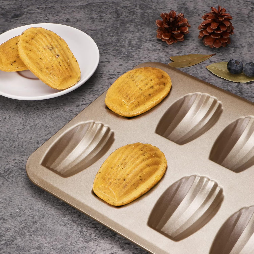 HONGBAKE Nonstick Madeleine Pan for Baking, 2 Pack 12-Cavity Shell Shape Madeleine Cooking Pan, Heavy Duty Carbon Steel Madeleine Mold, Champagne Gold
