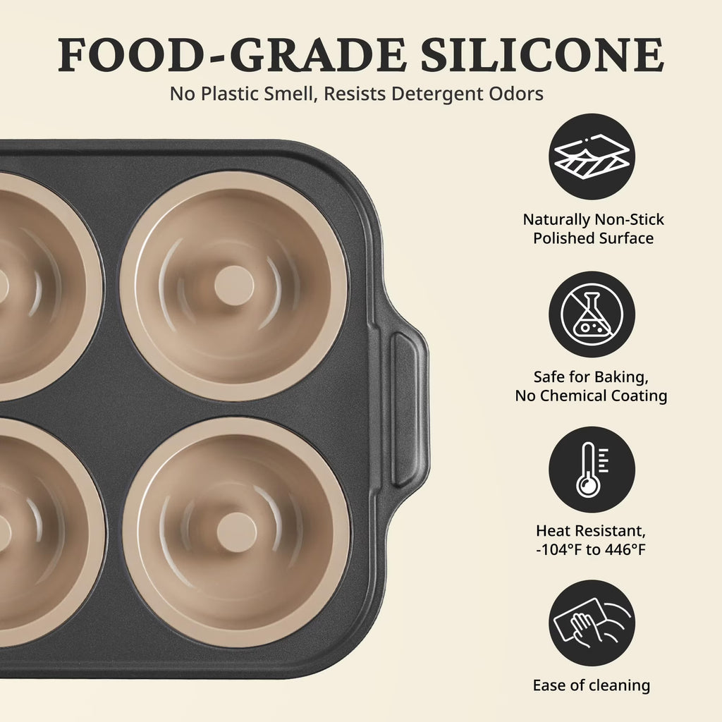 HONGBAKE Silicone Donut Pan for Baking with Metal Frame, 3.35 Inch Large doughnut pan,donut molds for baking Nonstick Non Toxic Bakeware for Oven, Brown