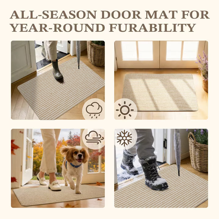 MatEssenz 2-Pack Washable Inside Door Mats 2x3 ft, Low Profile Entryway Rug Set, Scandinavian Striped Woven Faux Linen, Non-Slip Mudroom & Kitchen Mat, Apartment Essentials, Khaki