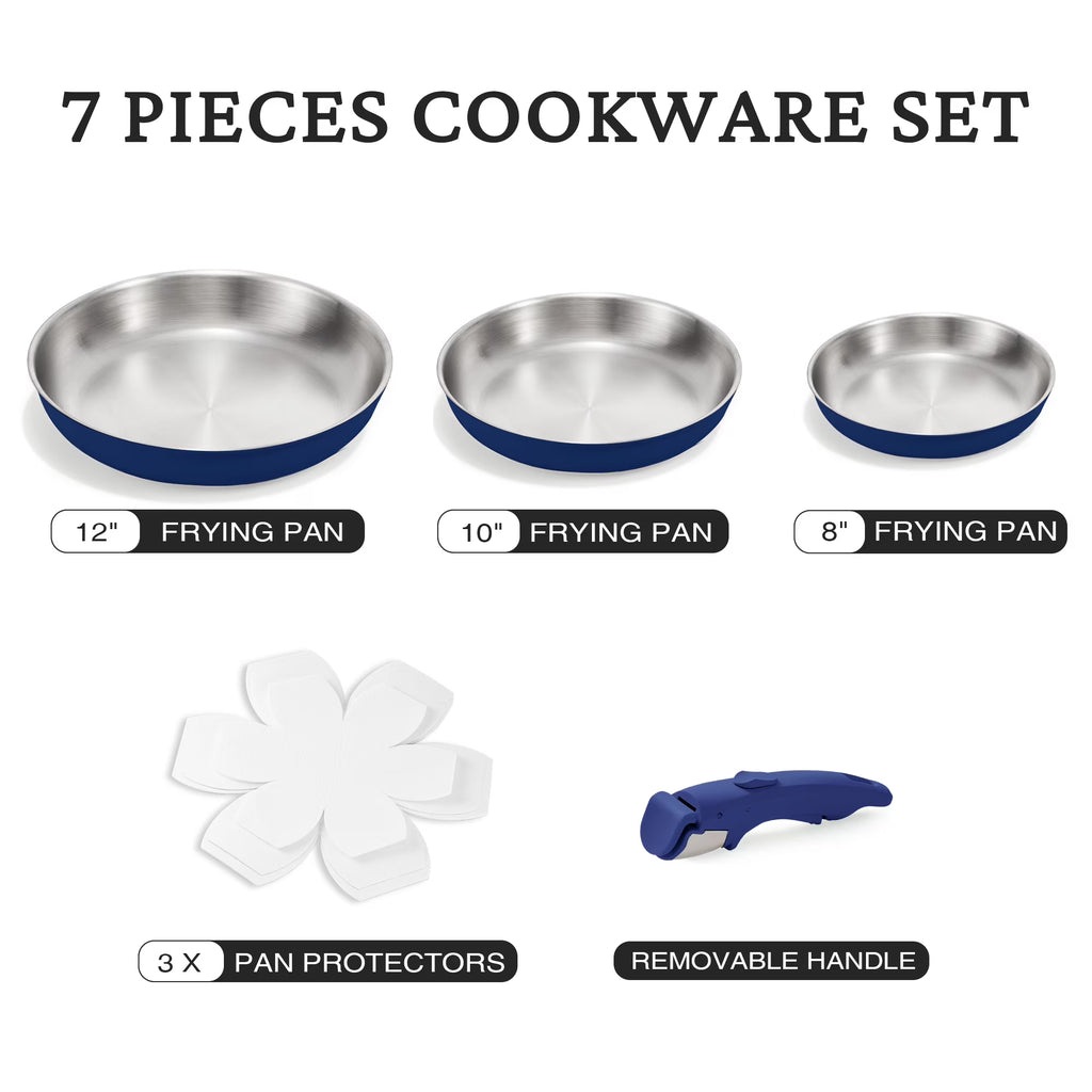 KITEXPERT Non Toxic Stainless Steel Frying Pan Set (8",10",12"), Tri-Ply Nonstick Skillet Pans with Removable Handles, Dishwasher & Oven Safe, All Stovetops Compatible, Blue