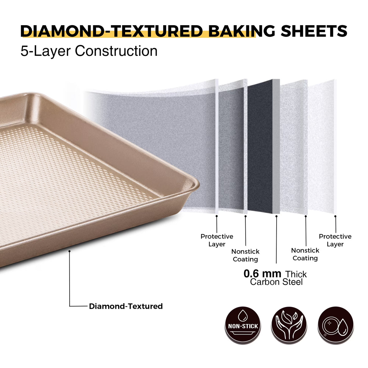 HONGBAKE Jelly Roll Pan 15x10 with Diamond Texture, 2 Pack Cookie Sheet for Baking, Non Stick Baking Sheet Pan for Oven, Heavy Duty Baking Trays Non Toxic, 57% Thicker Carbon Steel, Gold