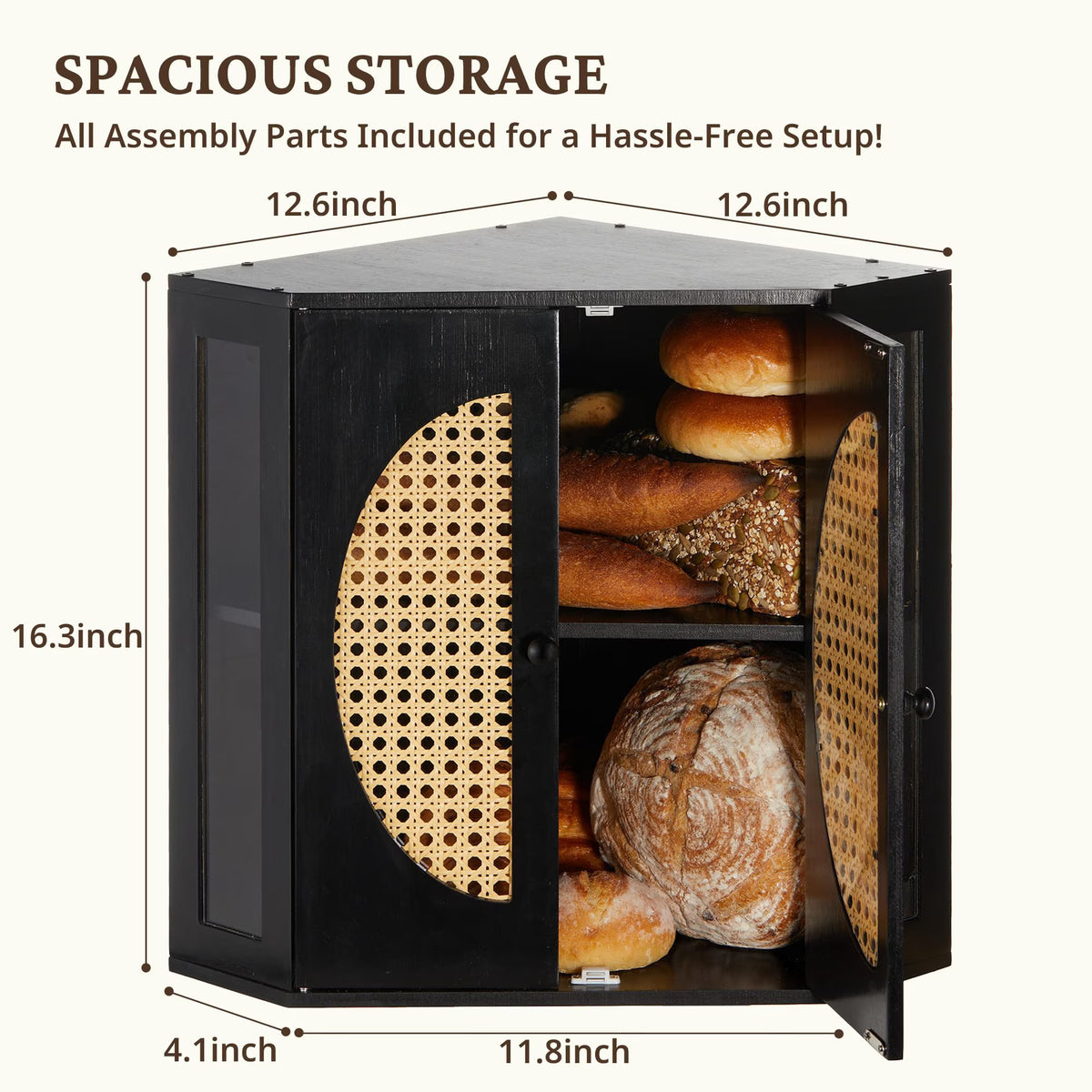 Double Layer Corner Bread Box for Kitchen Counter with Height-adjustable Partition, Black Bamboo Wooden Bread Box for Multiple Loaves, Modern Breadbox for Kitchen Countertop -Large