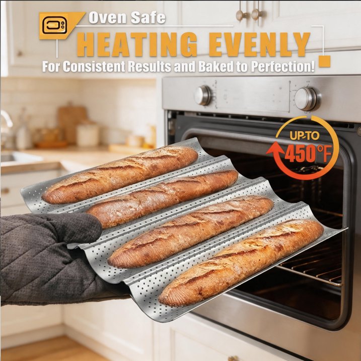 KITESSENSU Nonstick Baguette Pans for Baking, Perforated 4 Loaves French Bread Pan, Heavy Duty Baguette Baking Pans, Non Toxic Stainless Steel Baguette Tray for Oven, 15" x 13", Silver