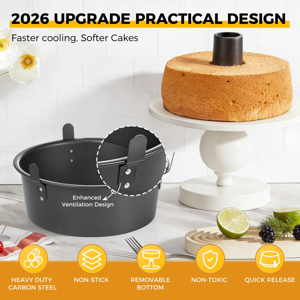 HONGBAKE Angel Food Cake Pan with Removable Bottom, 10 inch Carbon Steel Bundt Cake Pan for Baking, Non-stick Pound Tube Pans for Cakes, 16-Cup, Heavy Duty - Dark Grey