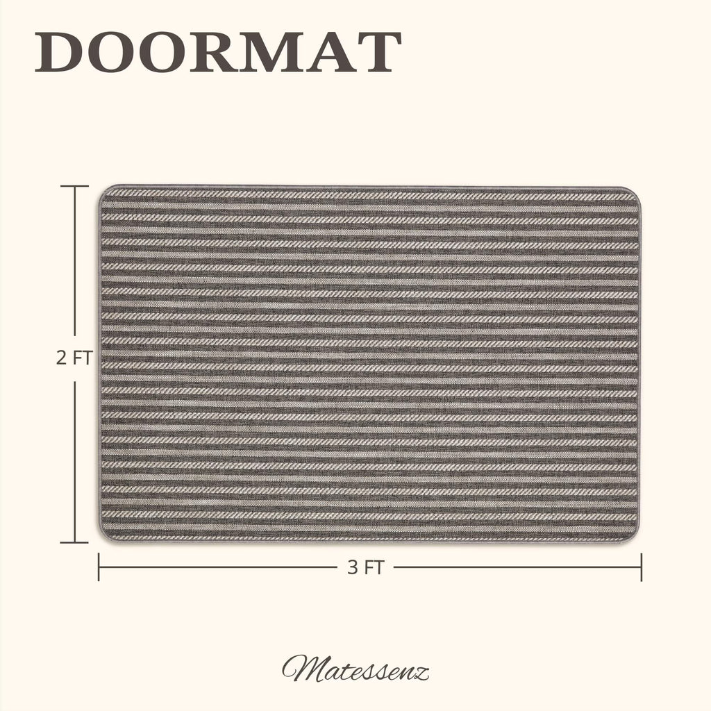 MatEssenz Washable Door Mat 2x3 ft, Inside Welcome Mat, Low Profile Entryway Rug, Neutral Striped Faux Linen, Non-Slip Mudroom & Back Door Mat, Pet Friendly, Grey