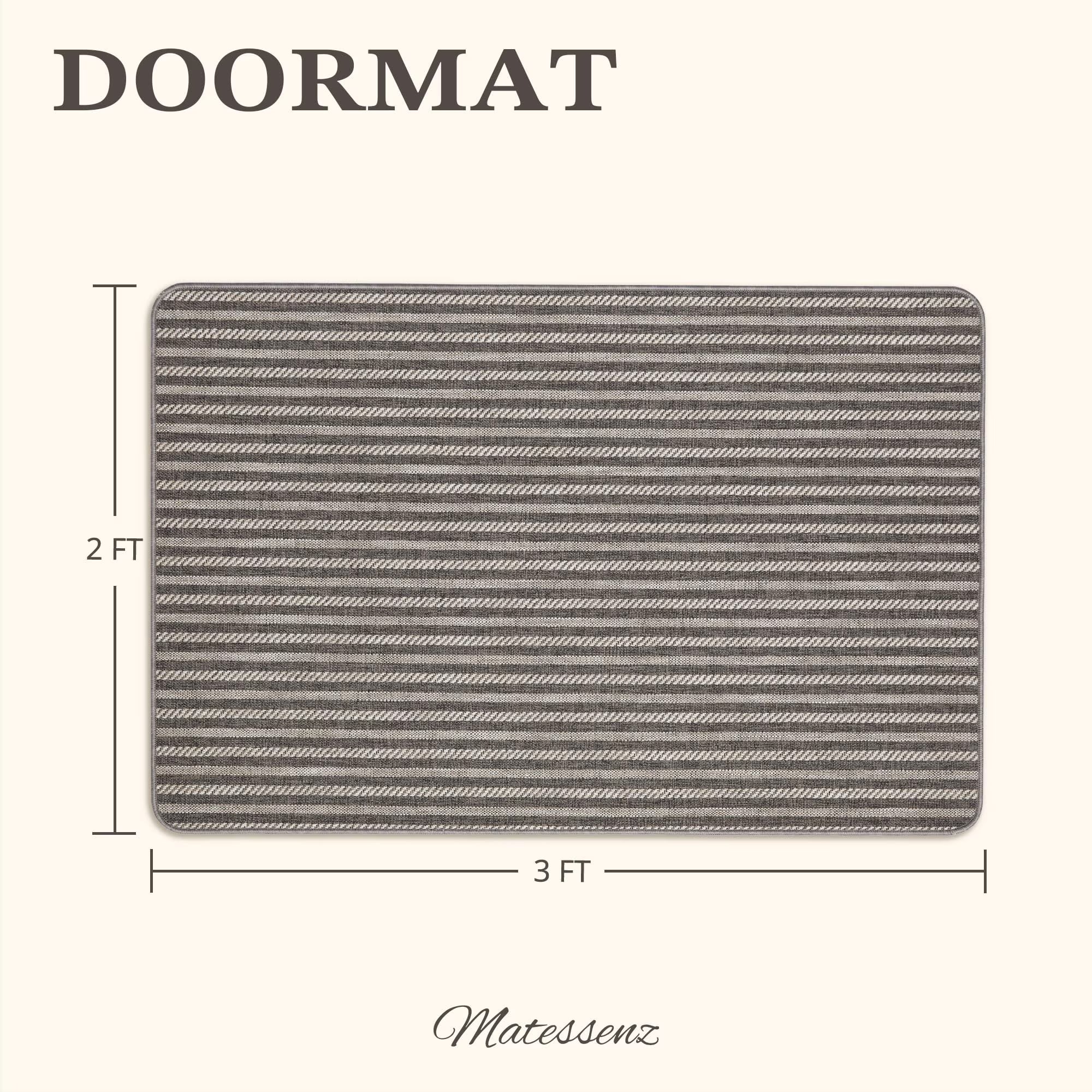 MatEssenz Washable Door Mat 2x3 ft, Inside Welcome Mat, Low Profile Entryway Rug, Neutral Striped Faux Linen, Non-Slip Mudroom & Back Door Mat, Pet Friendly, Grey