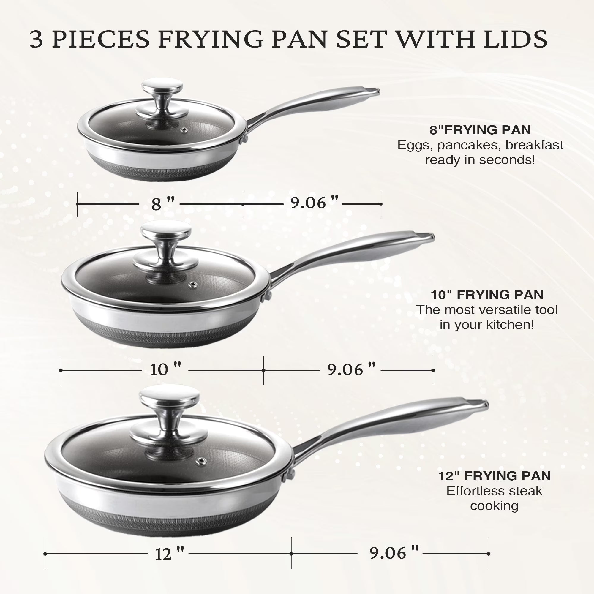 KITEXPERT Nonstick Frying Pans Set, 6 Pcs (8, 10, 12") Skillet with Lid, Non-Toxic Titanium Ceramic Pan, Dishwasher & Oven Safe, All Cooktops Compatible