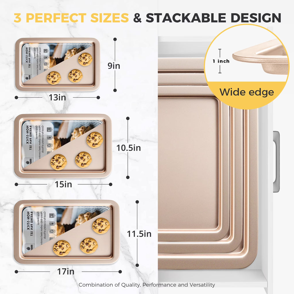 HONGBAKE Baking Sheet Pan, Cookie Sheet Pans for Baking, Cookie Sheets Nonstick Sets, Baking Trays for Oven, Baking Sheets for Oven with Wider Grips, Dishwasher Safe (3 Pack), Gold