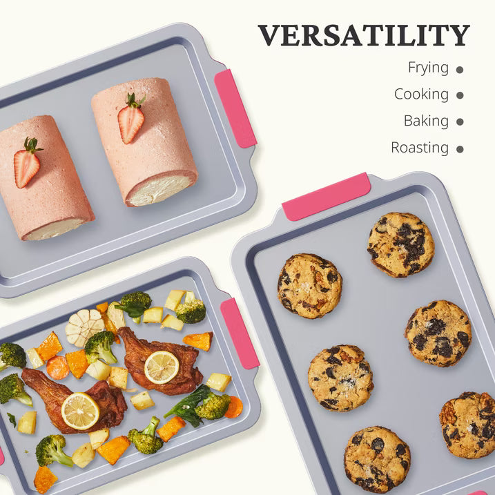 HONGBAKE Non Toxic Ceramic Cookie Sheets for Baking, 3-piece Non Stick Baking Sheet Pans for Oven, Heavy Duty Aluminized Steel Baking Pans Set with Silicone Handles -Rose Red