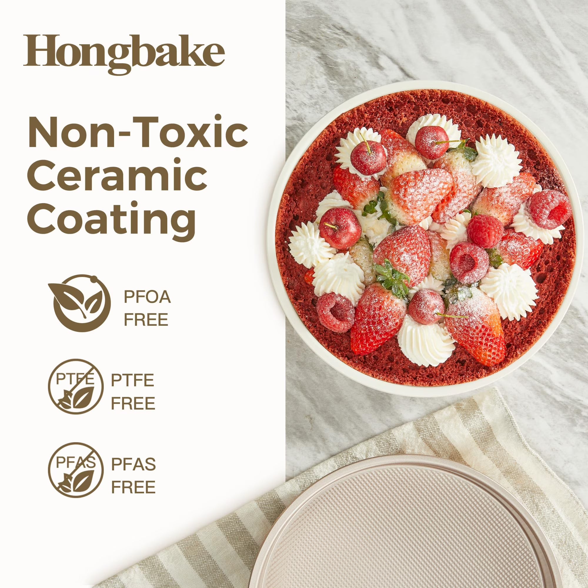 HONGBAKE 9 Inch Round Cake Pan Set of 2, Nonstick Ceramic Coating Cake Molds with Diamond Texture, Aluminized Steel Cake Pans Sets for Baking & Cheesecake, Heavy Duty & Non-Toxic (Cream, 2PCS)