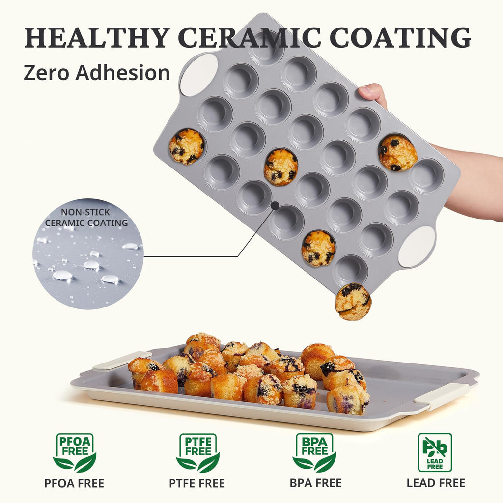 HONGBAKE Ceramic Mini Muffin Pan, 24-Cup Nonstick Aluminized Steel Cupcake Pans, Healthy Non-Toxic Ceramic Coating Mini Muffin Tin, 1Pack Cup Cake Pans for Baking Cream
