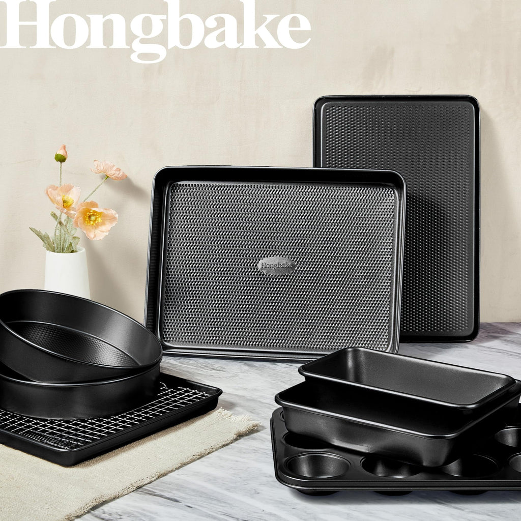 HONGBAKE 9-Piece Baking Pans Set Nonstick, Stackable Non Toxic Bakeware Sets with Diamond Texture, Oven Pan Set for Cooking, Includes Cookie Sheet with Rack, Cake Pan, Roasting Pan, Muffin Pan, Grey