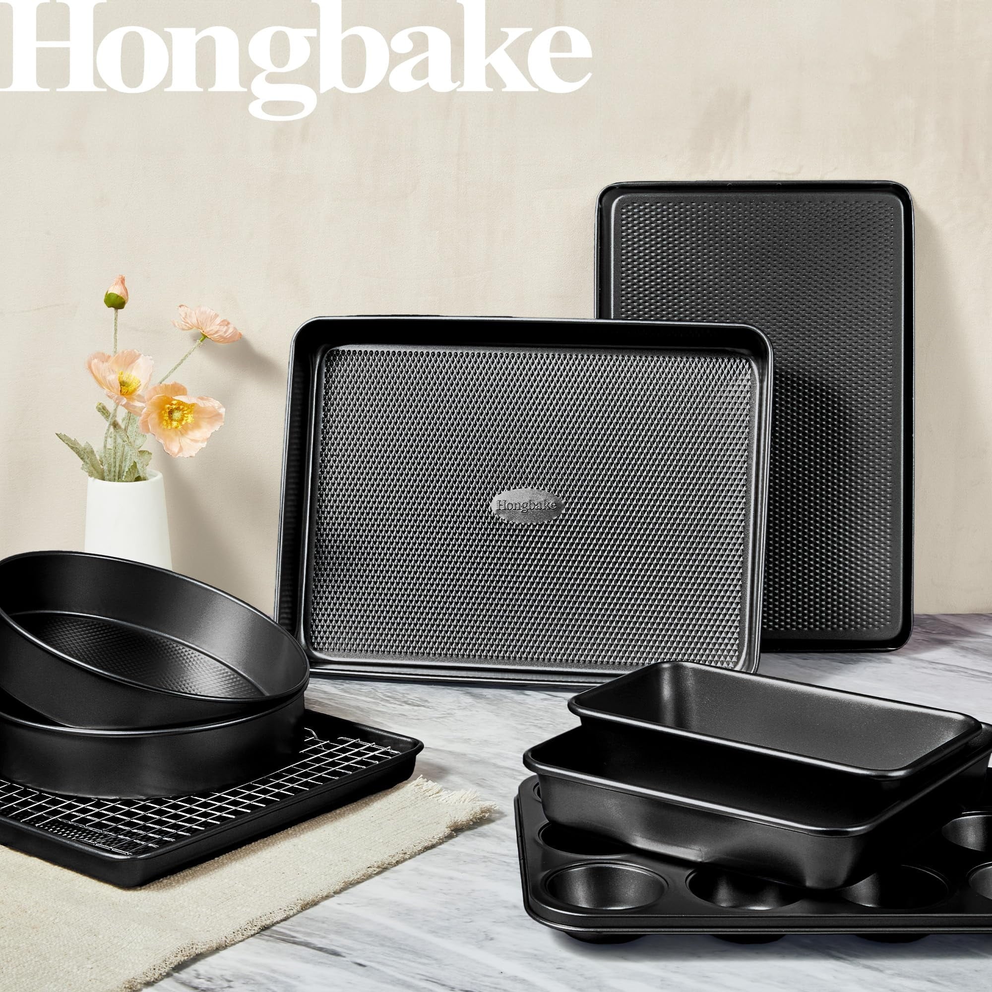 HONGBAKE 9-Piece Baking Pans Set Nonstick, Stackable Non Toxic Bakeware Sets with Diamond Texture, Oven Pan Set for Cooking, Includes Cookie Sheet with Rack, Cake Pan, Roasting Pan, Muffin Pan, Grey