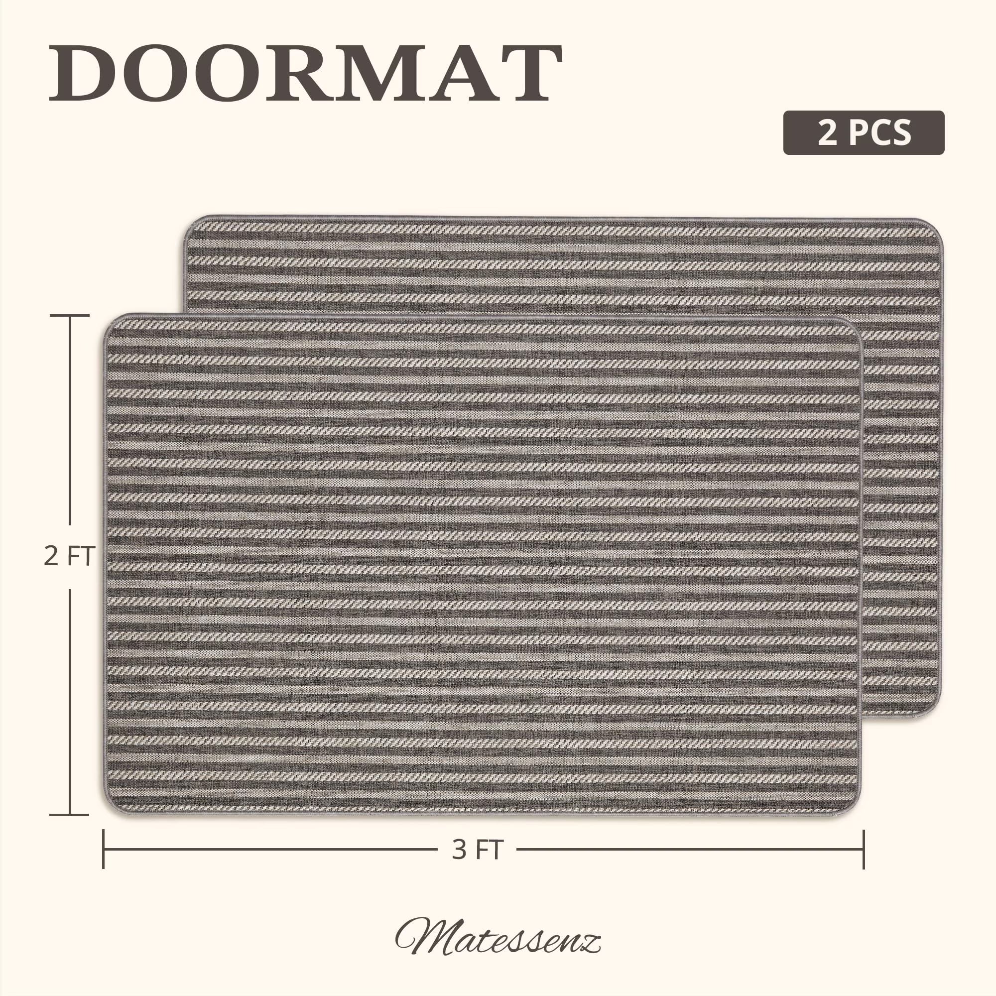 MatEssenz 2-Pack Washable Inside Door Mats 2x3 ft, Low Profile Entryway Rug Set, Scandinavian Striped Woven Faux Linen, Non-Slip Mudroom & Kitchen Mat, Apartment Essentials, Grey