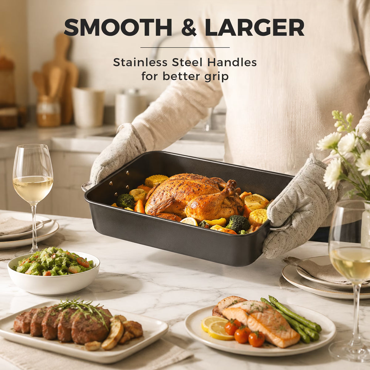 HONGBAKE Lasagna Pan, 9x13 Baking Pan, 3 Inch Deep Baking Pan for Oven, Nonstick Roasting Pan with Stainless Steel Handles, Dark Grey