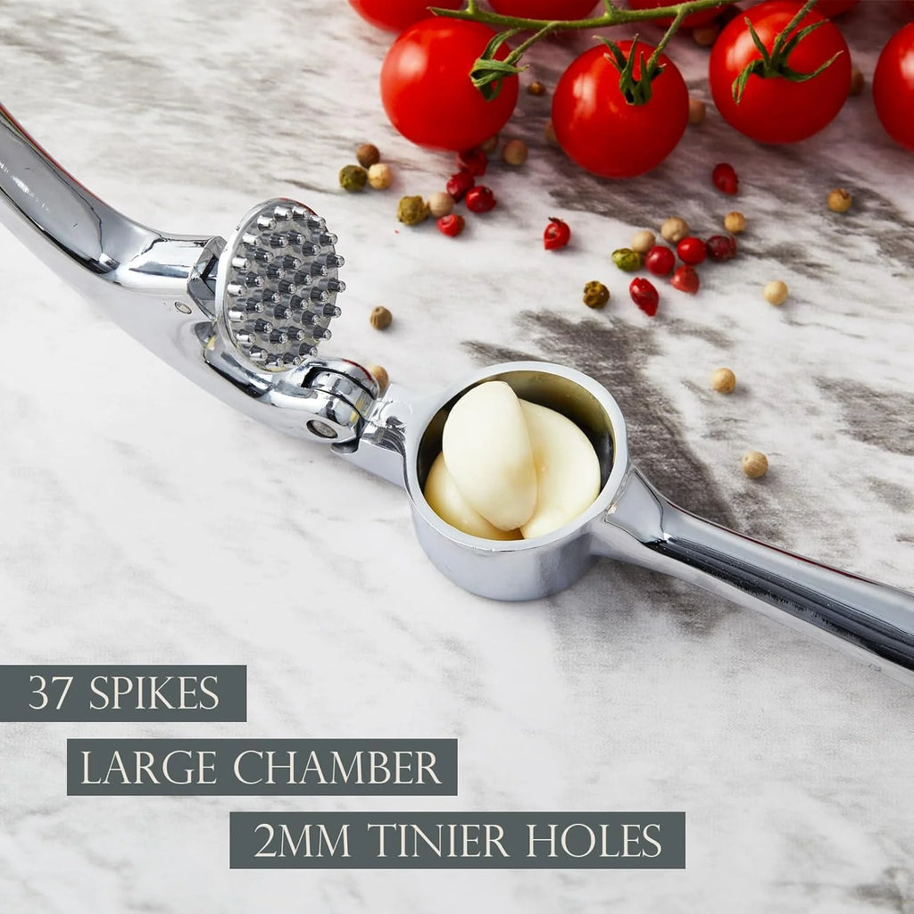 Premium Garlic Press, Professional Garlic Mincer, Easy to Squeeze and Clean, Rust Proof, Efficient Ginger Crusher - Gloss Silver