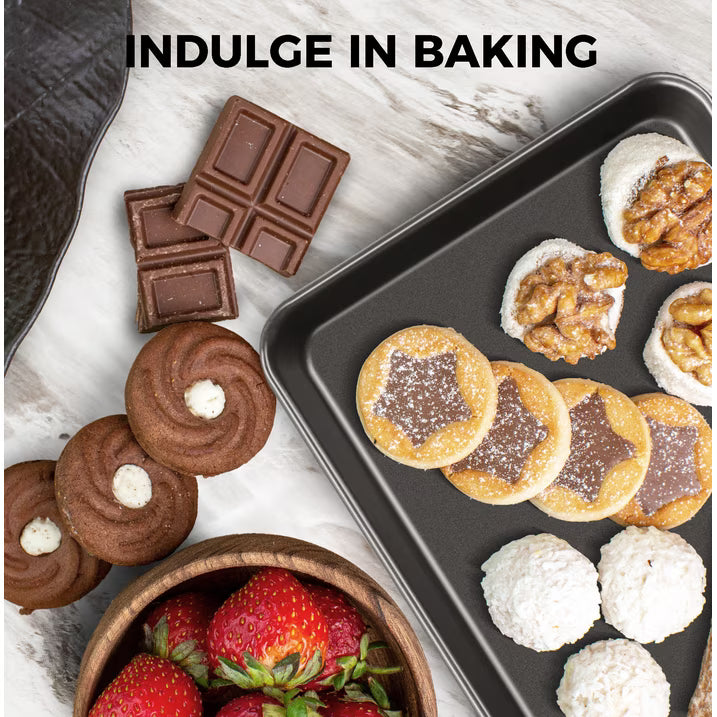 HONGBAKE 2 Pack 9.7"X7.6" Small Cookie Sheet, 57% Thicker Nonstick 1/8 Toaster Oven Pans, Heavy Duty Cookie Sheet Pan Set, Baking Sheet, Black