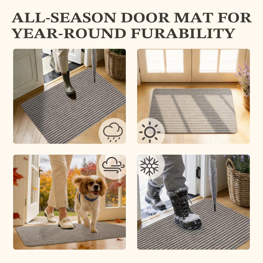 MatEssenz 2-Pack Washable Inside Door Mats 2x3 ft, Low Profile Entryway Rug Set, Scandinavian Striped Woven Faux Linen, Non-Slip Mudroom & Kitchen Mat, Apartment Essentials,Grey