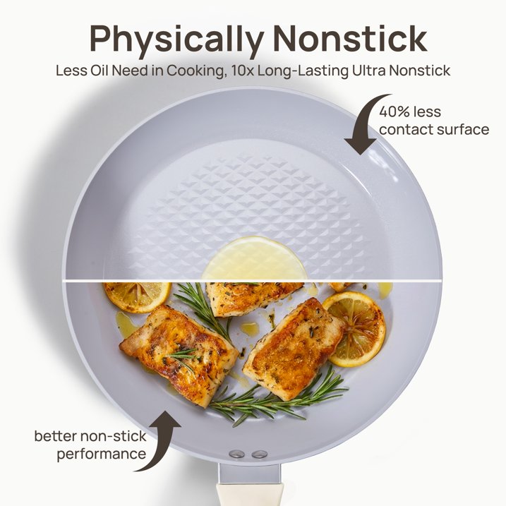 KITEXPERT Non Stick Frying Pan, 8" 9.5" 11" Ceramic Pan Set with Lid, Non Toxic Cooking Pan, Skillet for Induction Hob, Cream