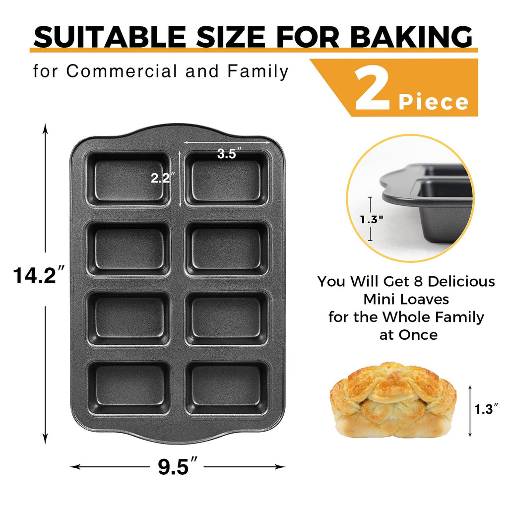 HONGBAKE Mini Loaf Pans 8-Cavity, 2 Pack Nonstick Mini Bread Pans, Small Banana Loaf Pans Set, Heavy Duty Cornbread Pan, Dark Grey