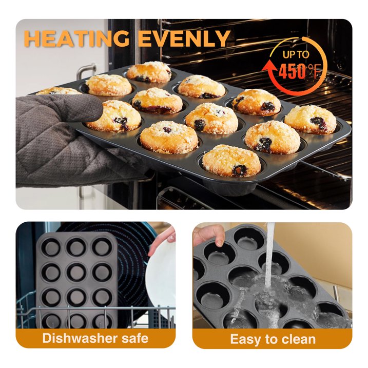 HONGBAKE Nonstick Muffin Pan 12-Cup, 2 Pack Carbon Steel Cupcake Pan, 2.75" Diameter Cup Muffin Tins for Baking