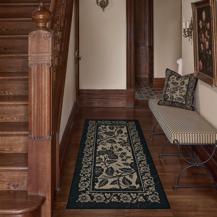 MatEssenz Washable Runner Rug 2'x4', Non-Slip Low-Pile Kitchen Entryway Rug, Absorbent Pet-Friendly Vintage Floral, Black/Tan