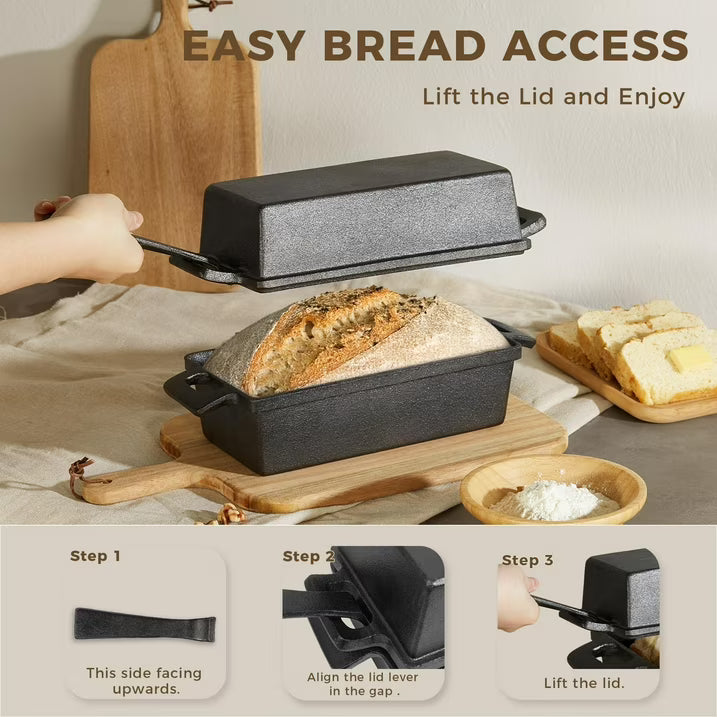 HONGBAKE 2 in 1 Cast Iron Bread Pan with oven mitts, Lid, Lid Lever, 9x5 Loaf Pans for Homemade Bread, Sourdough Baking Pan, Pre-Seasoned Nonstick Rectangular Dutch Oven, Banana Bread Tins, Black