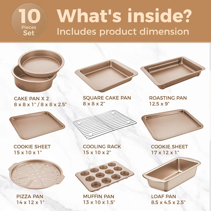 HONGBAKE 10-Piece Nonstick Carbon Steel Bakeware Set, Baking Pan Set with Baking Sheets, Cake Pans, Loaf Pan & Muffin Pan, Champagne Gold