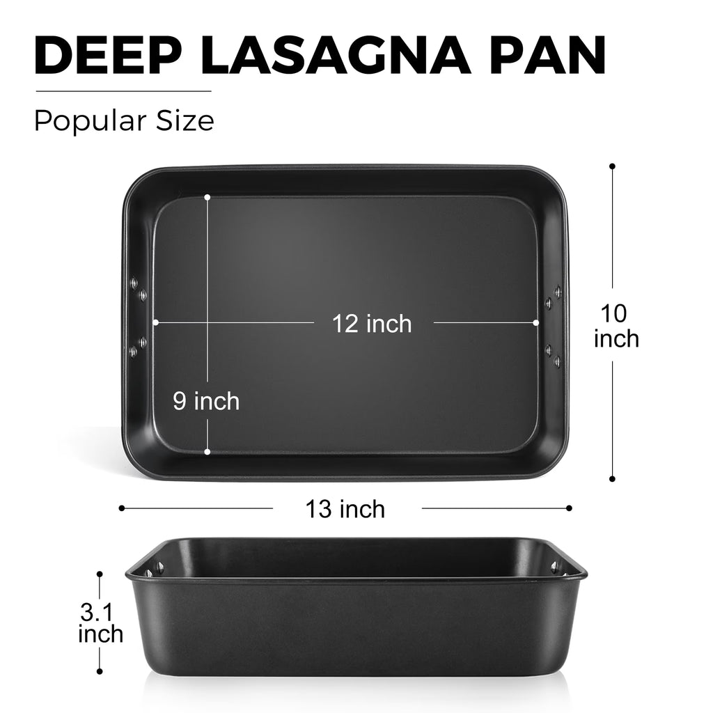 HONGBAKE Nonstick Lasagna Pan 3 Inch Deep, 9x13 Baking Pan, Rectangular Sheet Cake Pan, Roasting Pan for Oven with Stainless Steel Handles, Dishwarsher Safe, Dark Grey