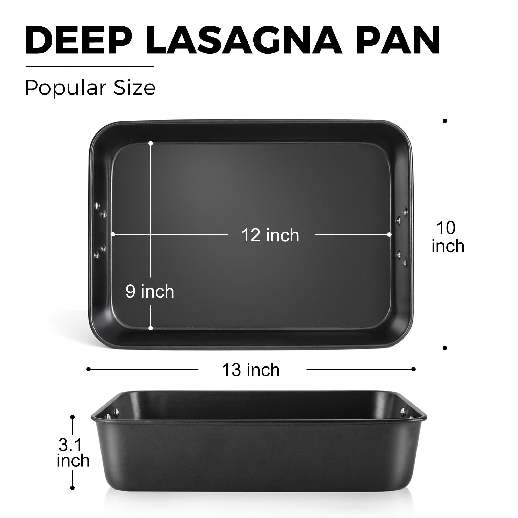 HONGBAKE Nonstick Lasagna Pan 3 Inch Deep, 9x13 Baking Pan, Rectangular Sheet Cake Pan, Roasting Pan for Oven with Stainless Steel Handles, Dishwarsher Safe, Dark Grey