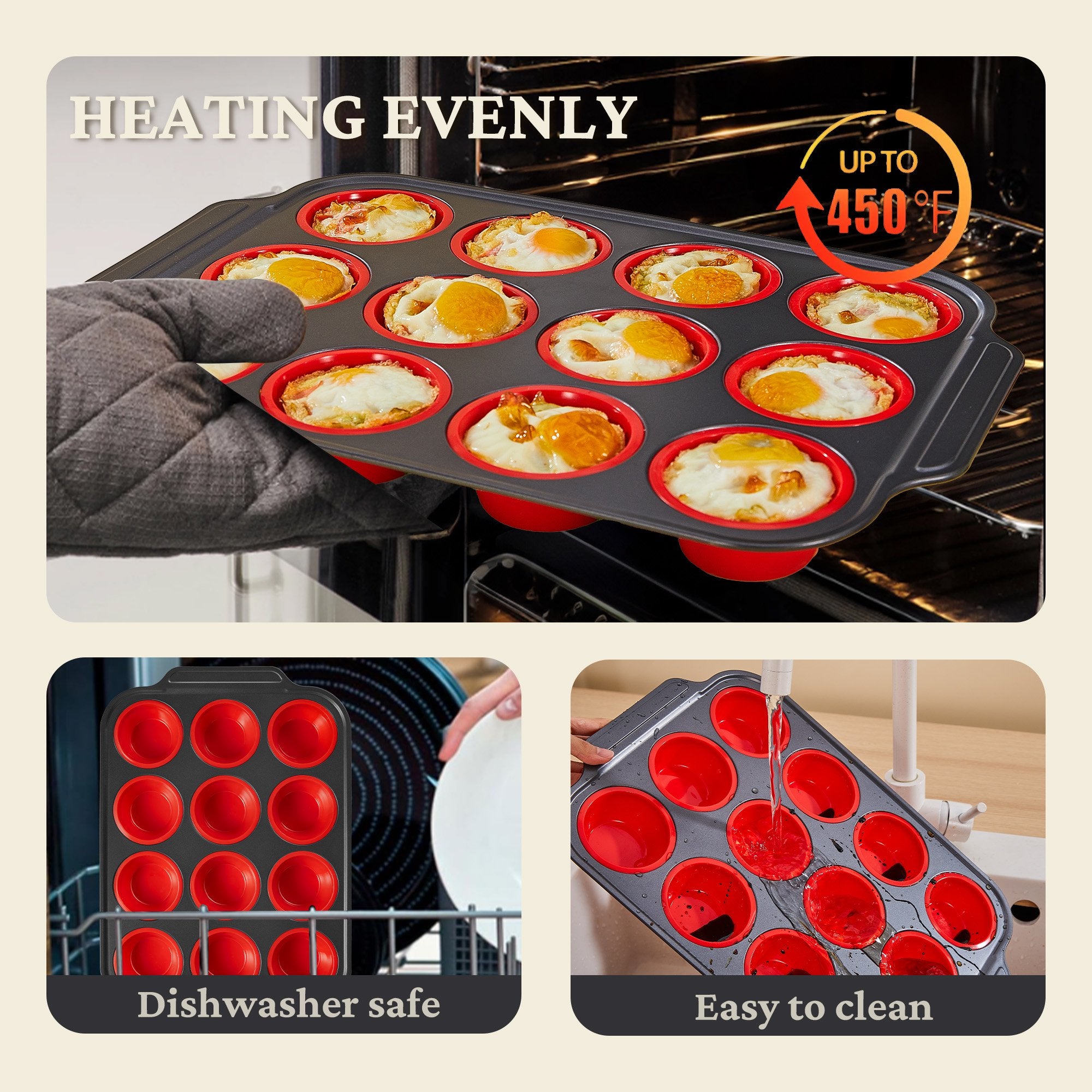 HONGBAKE Silicone Muffin Pan with Metal Frame, Silicone Cupcake Molds 12 Regular Size, Muffin Tin Easy to Pop, Nonstick Egg Bite Molds for Baking, Non Toxic Muffin Tray, Red