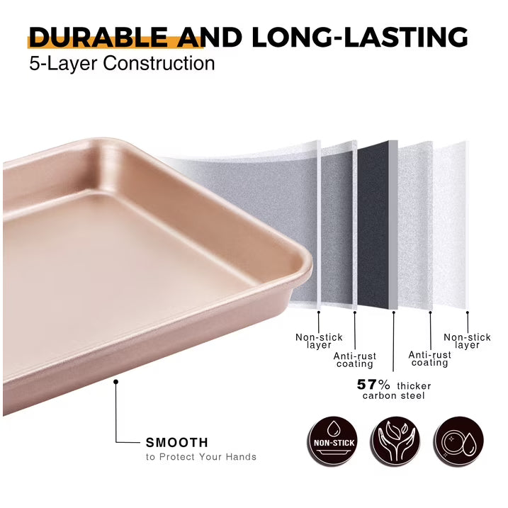 HONGBAKE 2 Pack 9.7"X7.6" Small Cookie Sheet, 57% Thicker Nonstick 1/8 Toaster Oven Pans, Heavy Duty Cookie Sheet Pan Set, Baking Sheet, Rose Gold