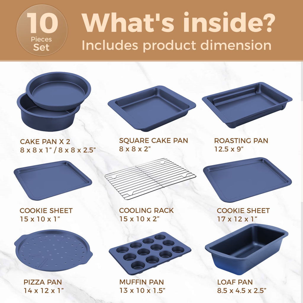 HONGBAKE 10-Piece Nonstick Carbon Steel Bakeware Set, Baking Pan Set with Baking Sheets, Cake Pans, Loaf Pan & Muffin Pan, Champagne Blue