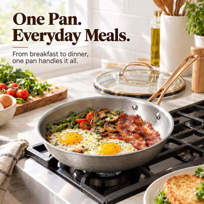 KITEXPERT 11 Inch Tri-Ply Stainless Steel Pan, Retro Skillet with Tempered Glass Lid, Cooking Pan, Non Toxic Cookware, Oven Safe, Dishwasher Friendly, Induction Compatible
