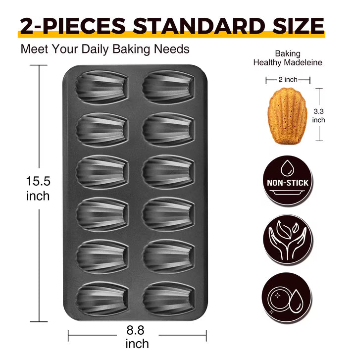 HONGBAKE Nonstick Madeleine Pan 2 Pack 12-Cavity Heavy Duty Madeleine Cookies Trays for Oven Baking, Cake Mold Warp Resistant Shell Shape Madeleine Mold Cake Pan, Space Grey