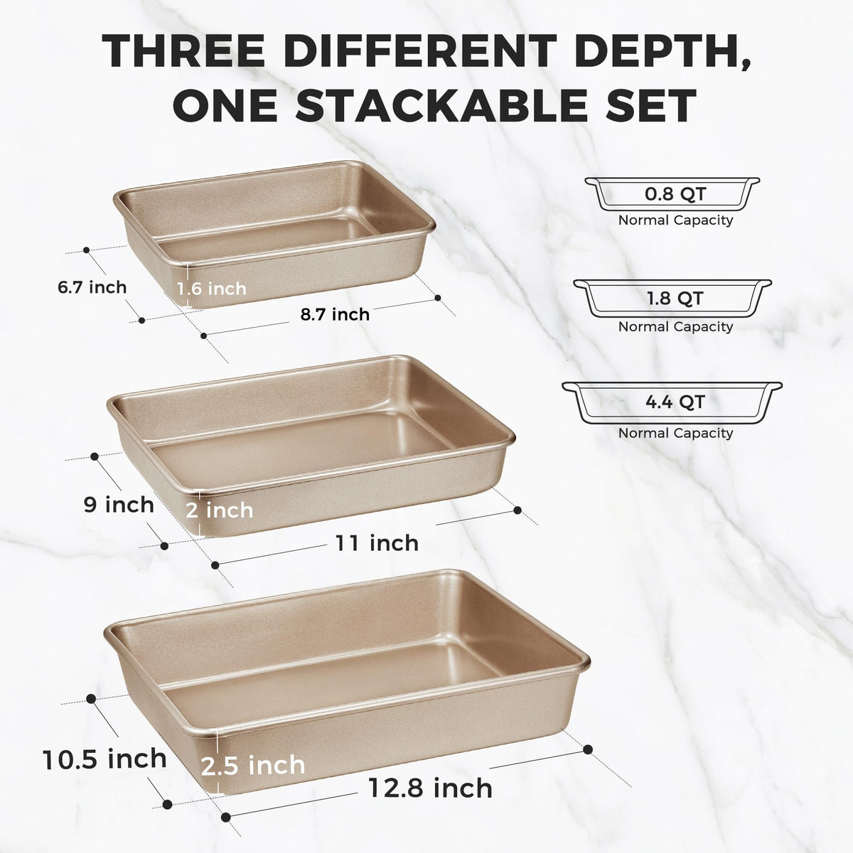 HONGBAKE Deep Baking Pans Set of 3, Nonstick Rectangle Sheet Cake Pans, 13/11/9 Inch Metal Oven Tray for Cooking Lasagna Brownie, Stackable Multi-Depth Bakeware, Golden