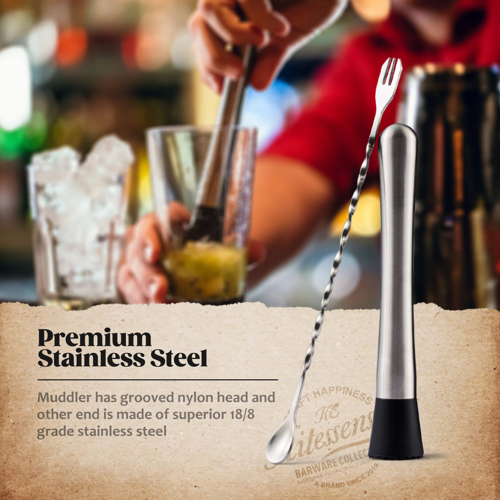 KITESSENSU Muddler and Bar Spoon, 8 Inch Stainless Steel Muddler for Cocktails, Mojitos