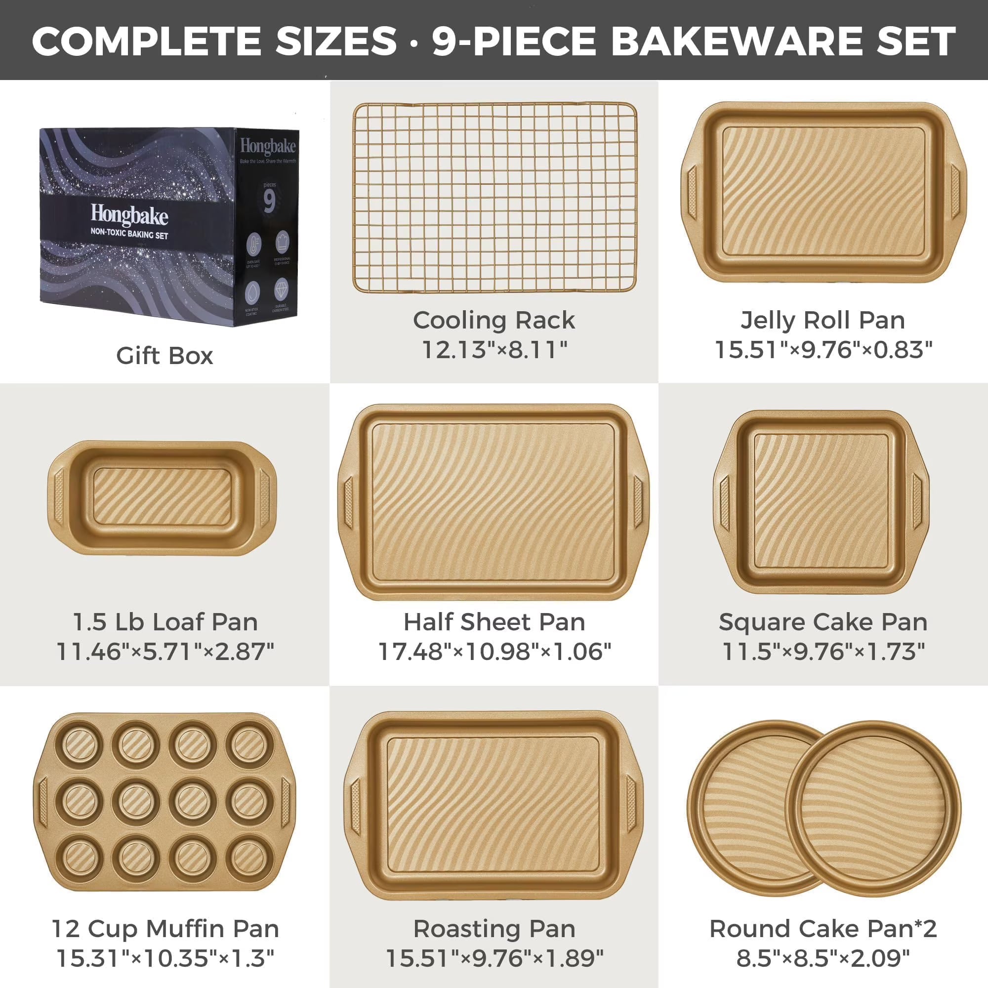 HONGBAKE 9-Piece Non Stick Bakeware Sets with Wave Texture for Reduced Grease, 0.8mm Thick Non Toxic Baking Pans Set, Includes Stackable Cookie Sheets for Oven, Gold
