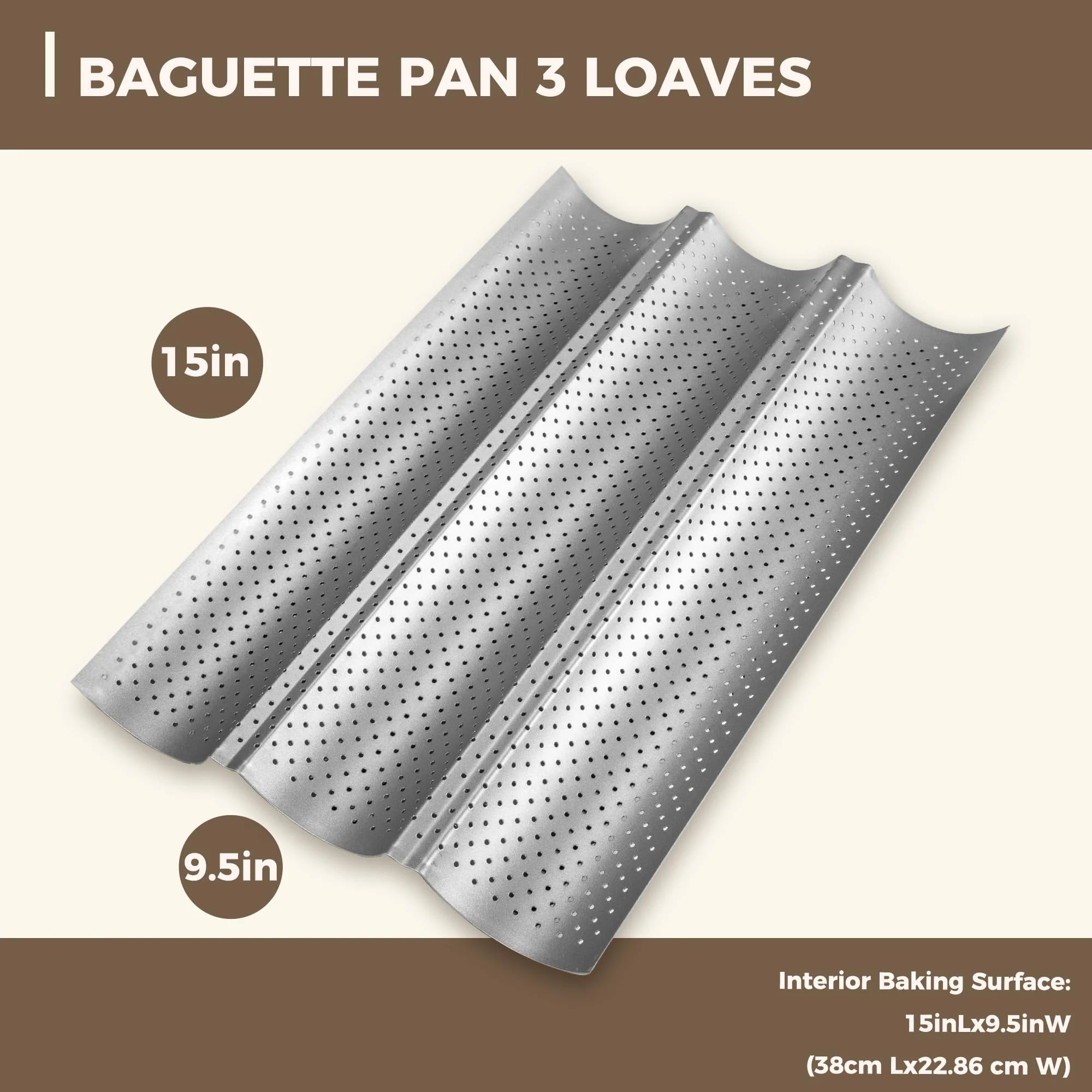 KITESSENSU Nonstick Baguette Pans for French Bread Baking, Perforated 3 Loaves Baguettes Bakery Tray, 15" x 9", Silver