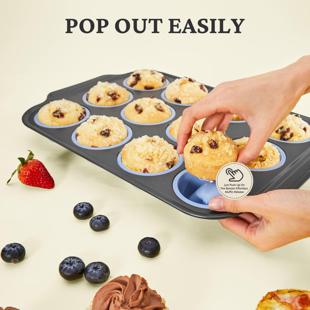 HONGBAKE Silicone Muffin Pan with Metal Frame, 12 Cup Muffin Tin for Cupcakes & Egg Bites, Nonstick Non-Toxic Bakeware, Blue