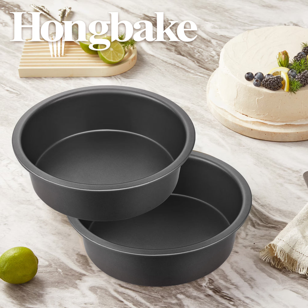HONGBAKE 8 Inch Round Cake Pans for Baking, Nonstick Baking Pans, 2 Pieces Circle Cake Mold with Wider Grips, Huty Duty, Dishwasher Safe - Grey