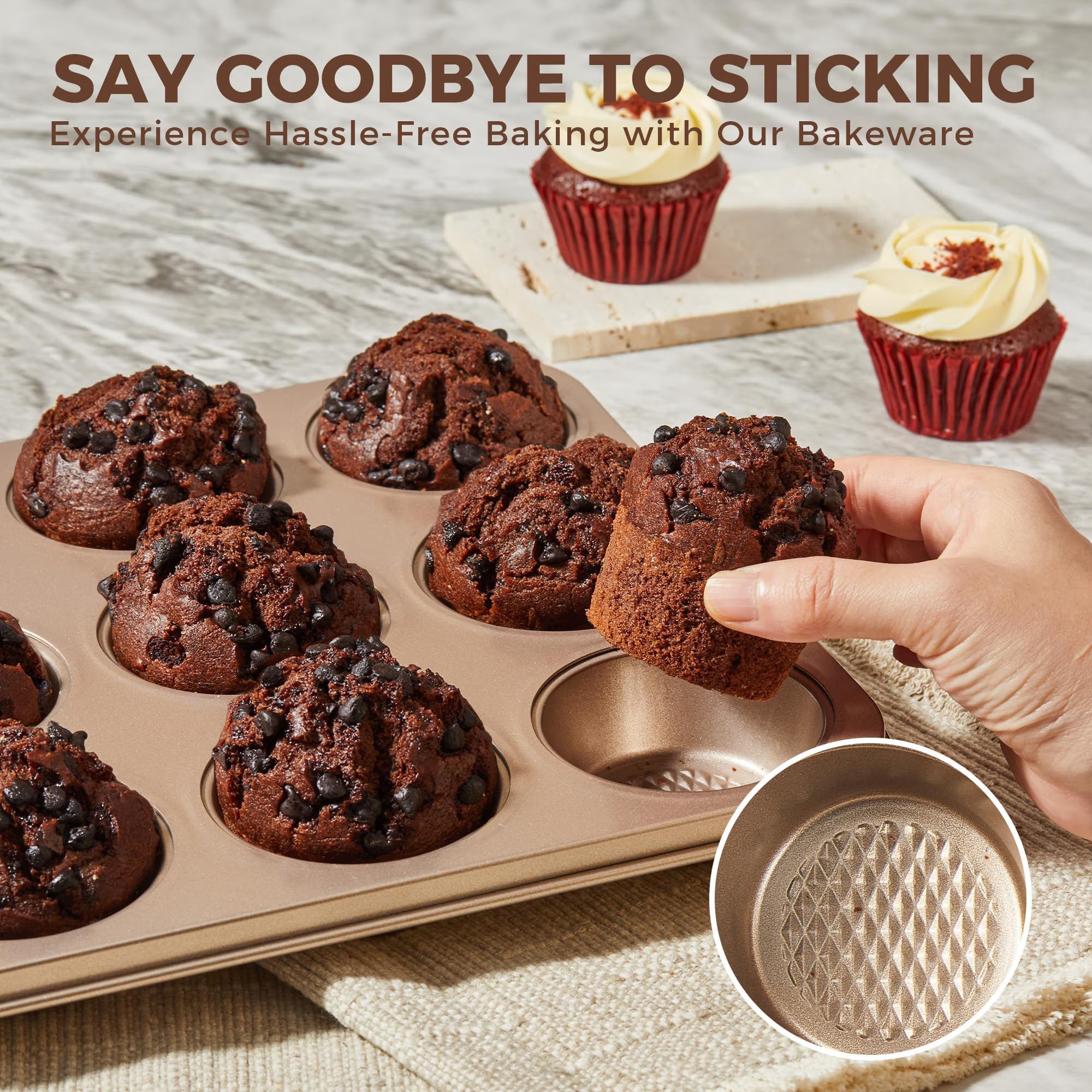 HONGBAKE 28-Piece Bakeware Set, Nonstick Baking Pans with Cookie Sheet & Rack, Cake Pan, Muffin Pan, Pizza Pan, Loaf Pan, Gold