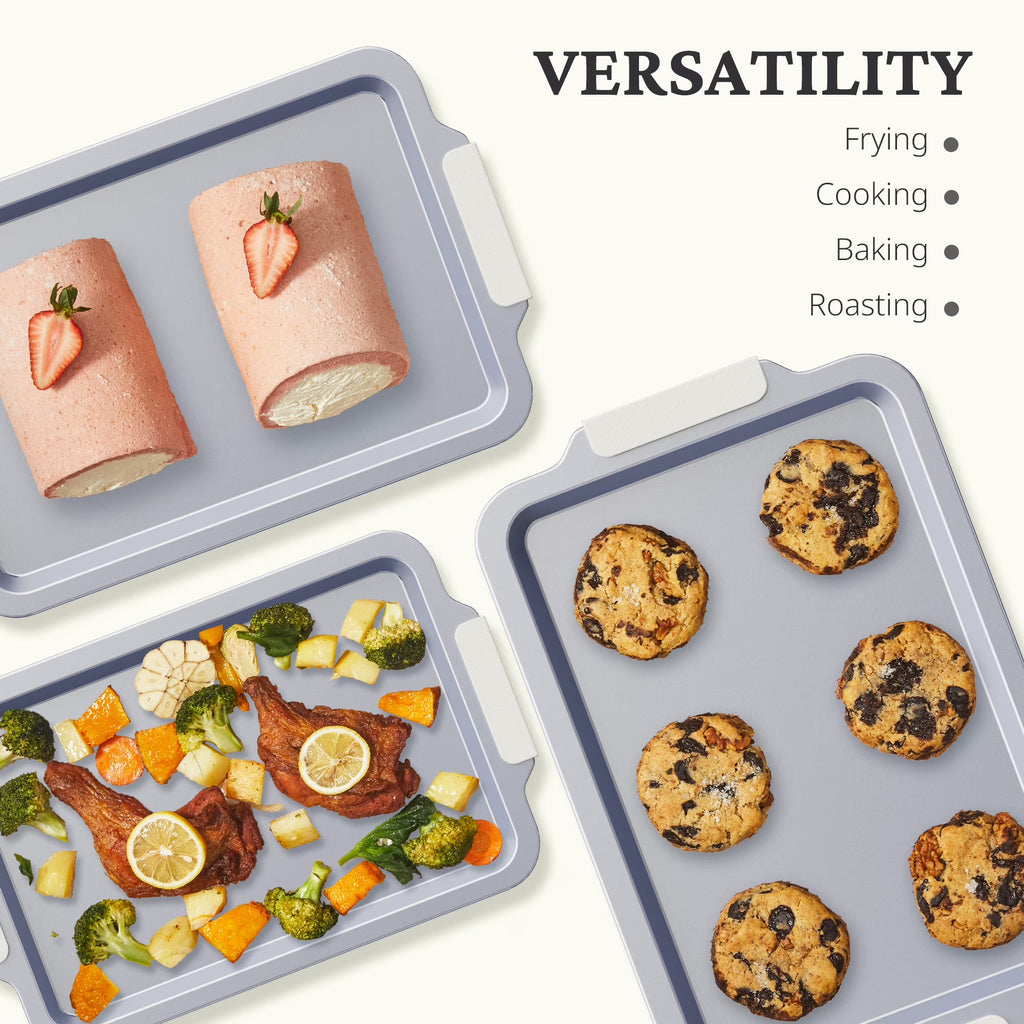 HONGBAKE Non Toxic Ceramic Cookie Sheets for Baking, 3-piece Non Stick Baking Sheet Pans for Oven, Heavy Duty Aluminized Steel Baking Pans Set with Silicone Handles -Cream