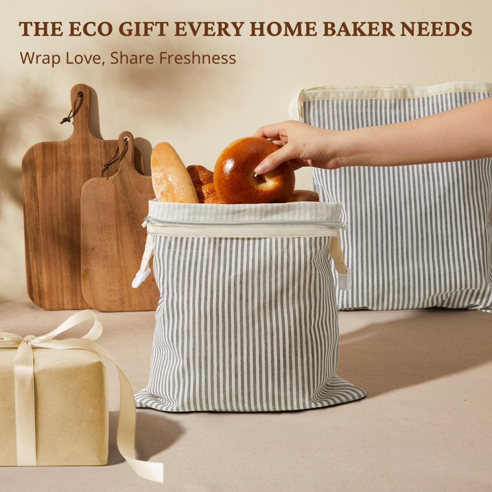 Hongbake Reusable Beeswax Bread Bags with Zipper, 2-Pack Beeswax Wrap for Food, Large 17x12.6in Waxed Bread Bags for Homemade Bread & Sourdough, Grey