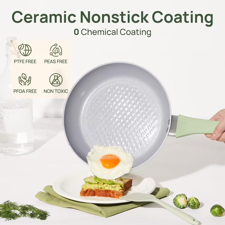 KITEXPERT Non Stick Frying Pan, 11" Ceramic Frying Pan with Lid for Cooking, Non Toxic Induction Cookware Skillet, Omelette Egg Pan, Sage Green