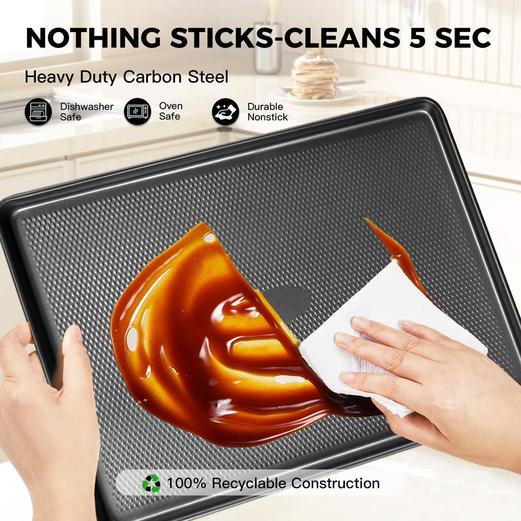 HONGBAKE Jelly Roll Pan 15x10 with Diamond Texture, Cookie Sheet for Baking, Non Stick Baking Sheet Pan for Oven, Heavy Duty Baking Trays Non Toxic, 57% Thicker Carbon Steel, Black