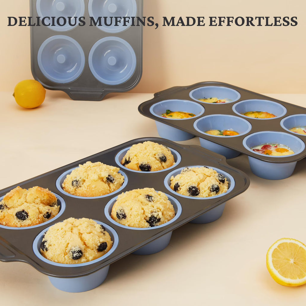 HONGBAKE Silicone Muffin Pan with Metal Frame, Jumbo 3.5 Inch Muffin Tin for Cupcakes, Egg Bites & Muffins, Nonstick, Blue